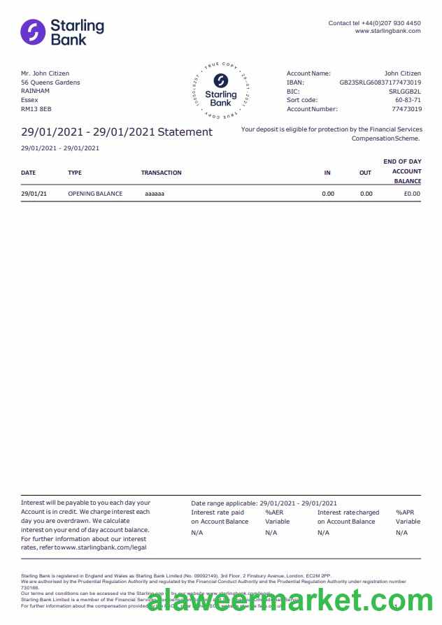 United Kingdom Starling bank statement template in Word and PDF format, good for address prove